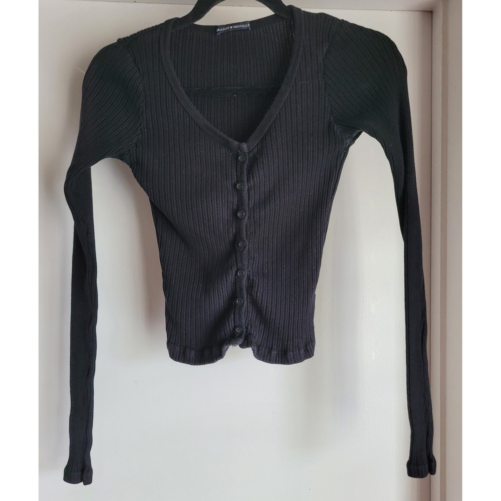 Brandy Melville Black Cotton Ribbed Cardigan Long Sleeve V-Neck Italy Knit